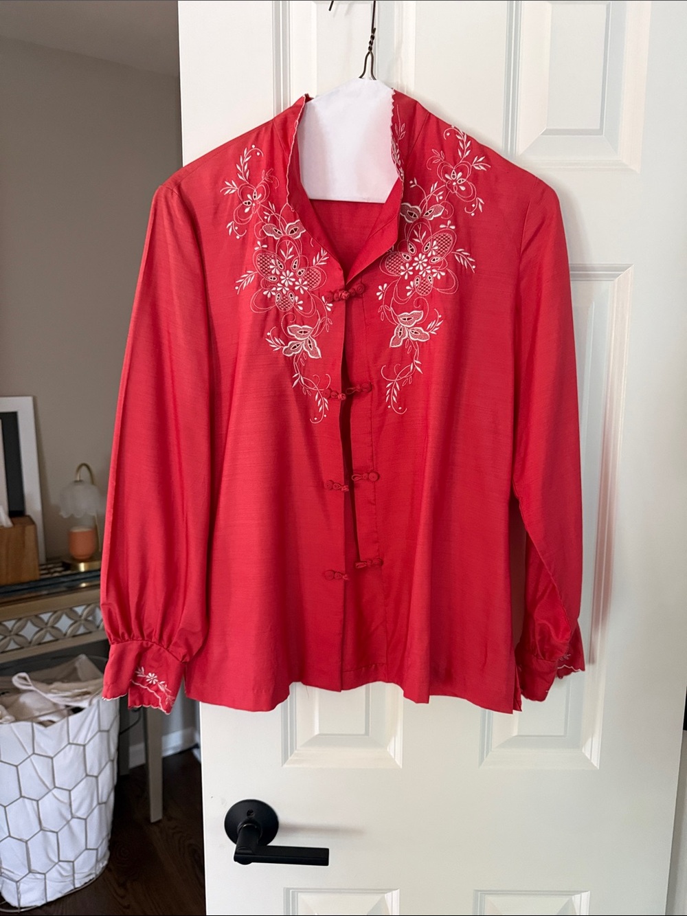 Women's Red Embroidered Button-Down Mandarin Collar Blouse